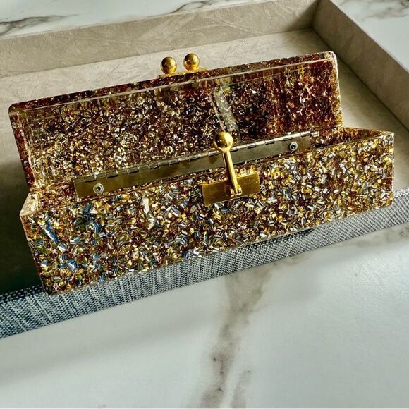 EDIE PARKER ACRYLIC CLUTCH – GOLD CONFETTI & RAINBOW STRIPE | HANDMADE | RARE - Picture 10 of 17